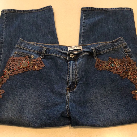 MISHCA HIGH WAISTED EMBELLISHED CROPPED DENIM JEANS BLUE BROWN PLUS SIZE 14 - Picture 3 of 13
